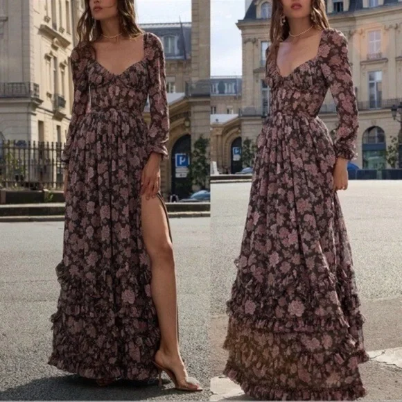 V. Chapman Carmella Long-sleeve Corset Side-slit Chiffon Maxi Dress - Brown